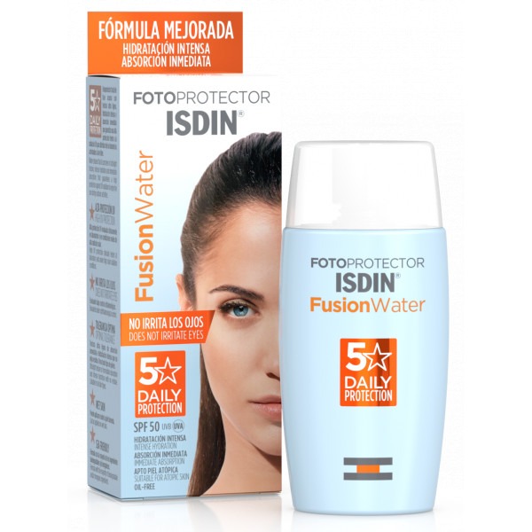 Fotoprotector facial Fusion Water de base acuosa SPF50 de ISDIN (21,90 €)